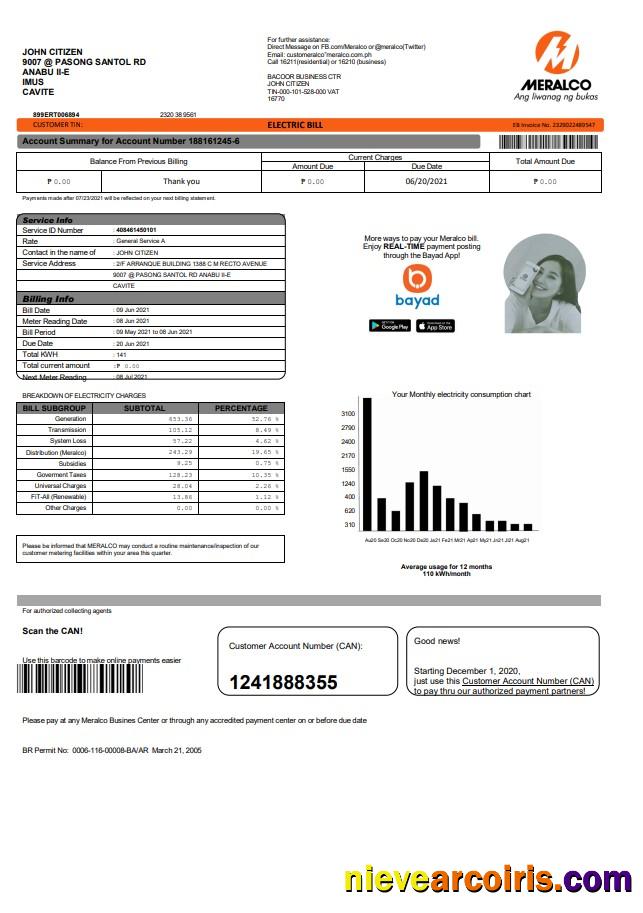 Philippines Meralco electricity utility bill version 2